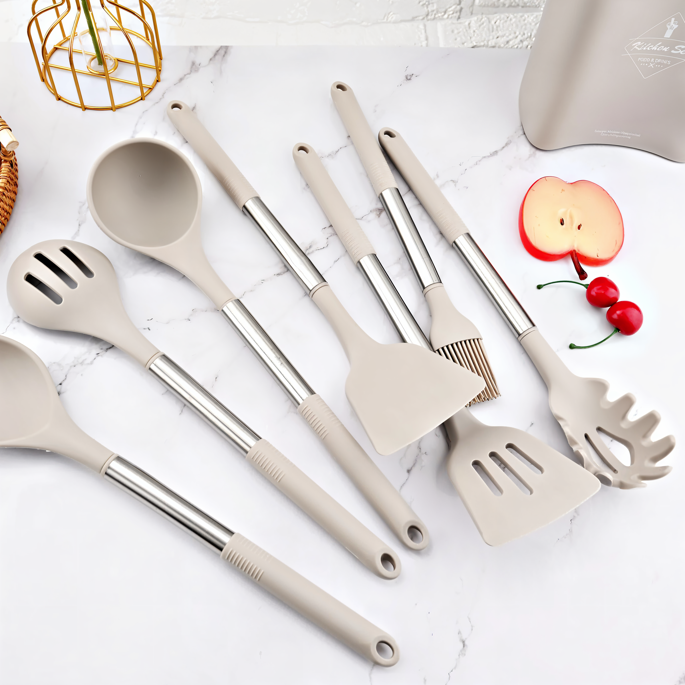 Beige silicone utensil set arranged on a counter