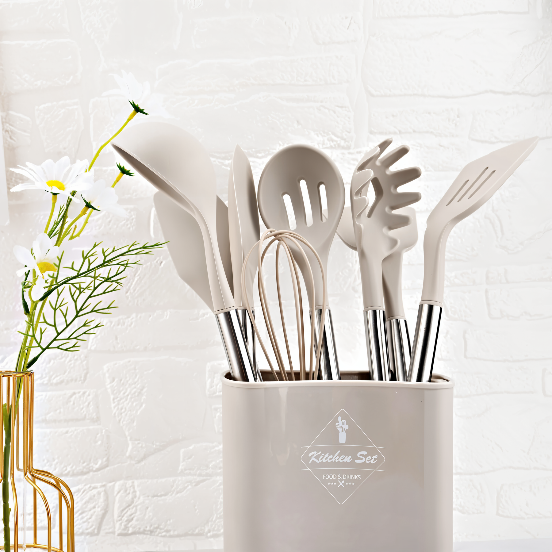 Beige silicone kitchen utensil set in its holder