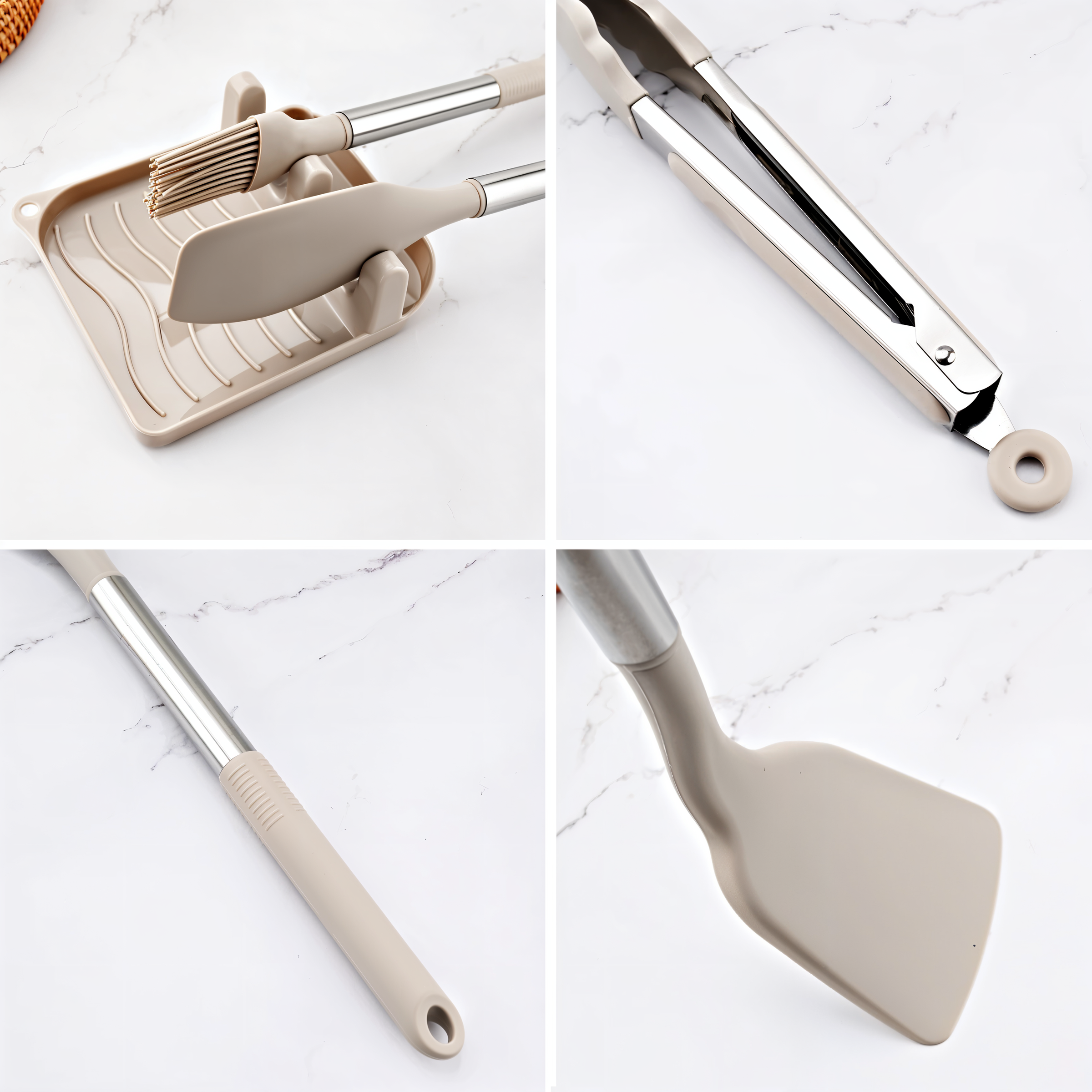 Close views of Beige utensil handles and heads