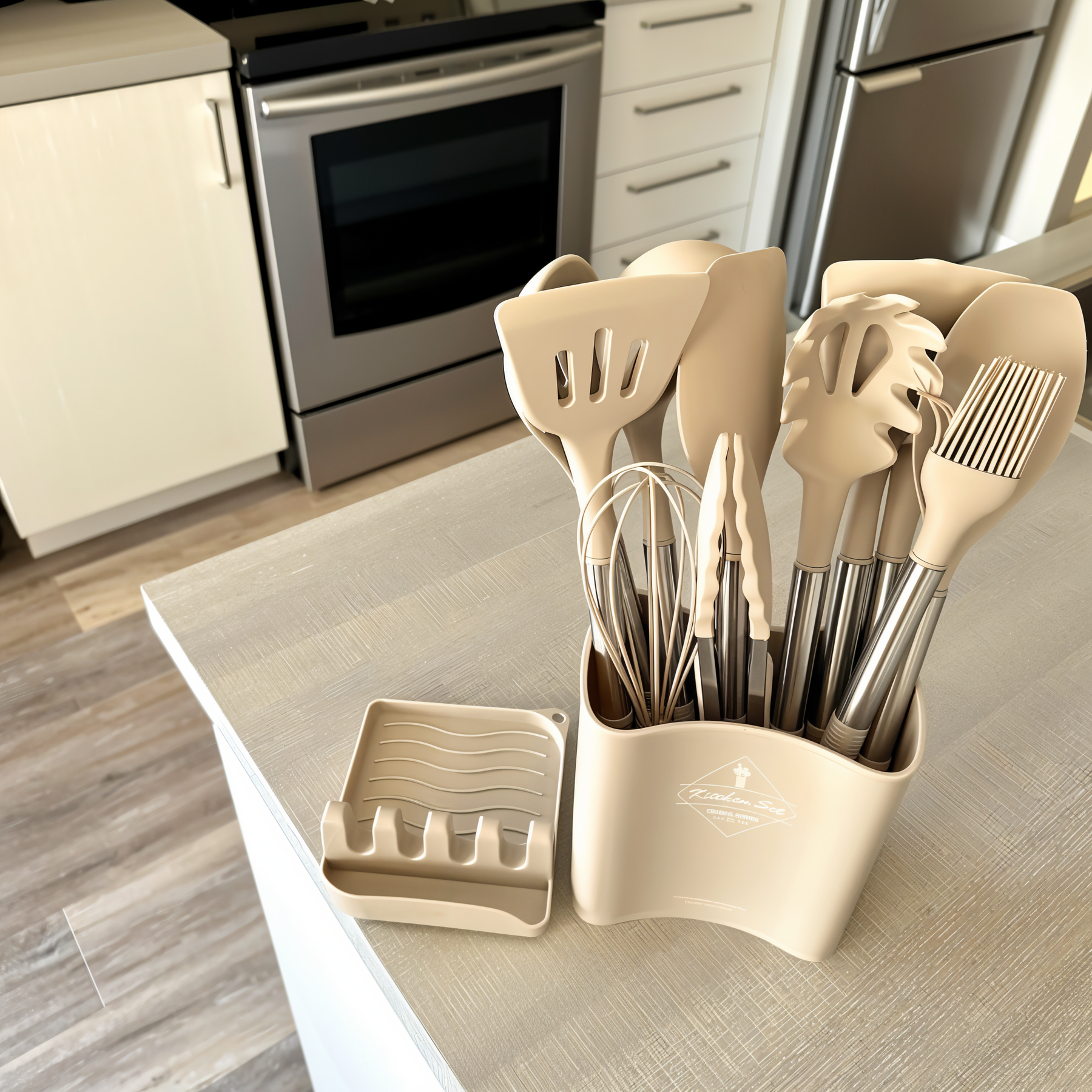 Beige utensil set in a kitchen