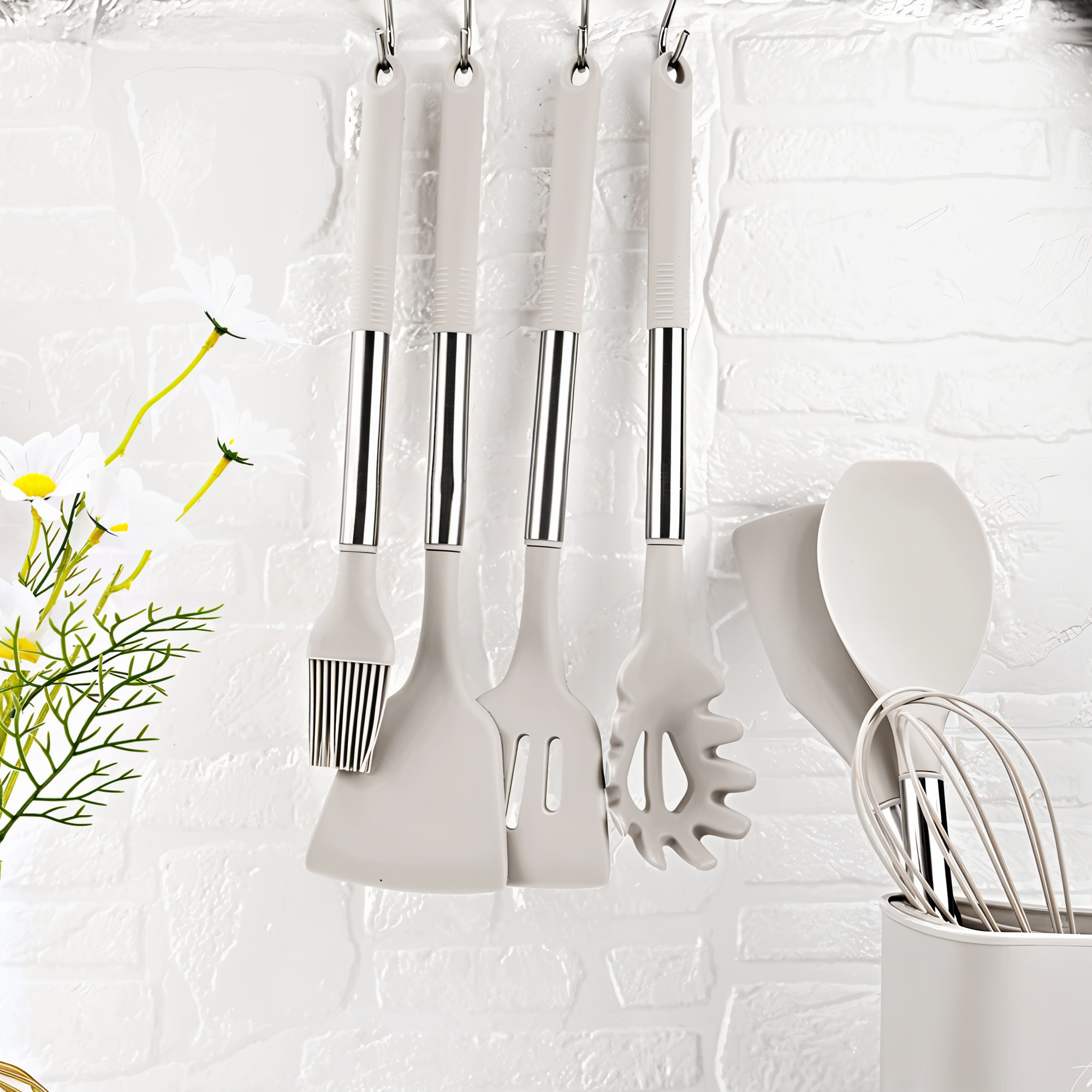 Beige hanging utensils beside their holder
