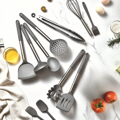 Gray silicone utensil set arranged on a counter