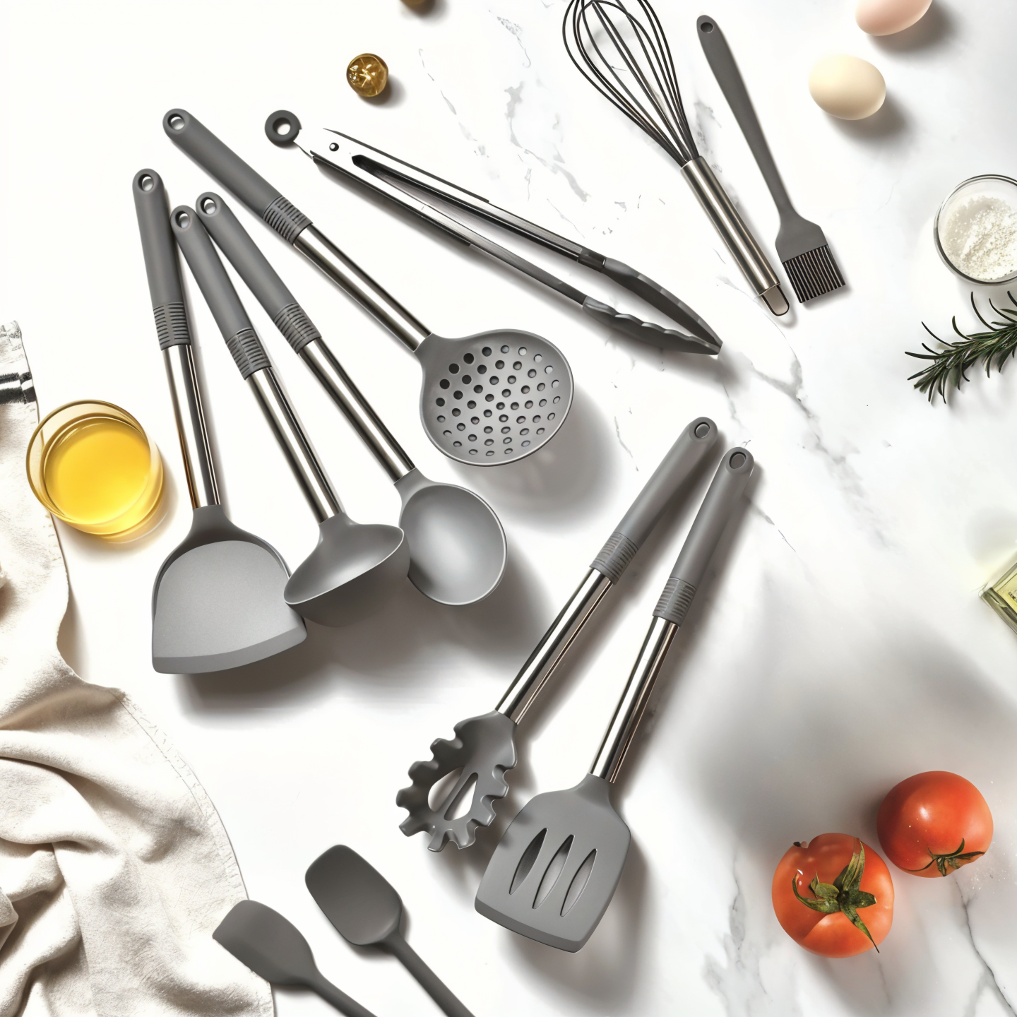 Gray silicone utensil set arranged on a counter