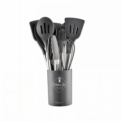 Black silicone kitchen utensil set with holder