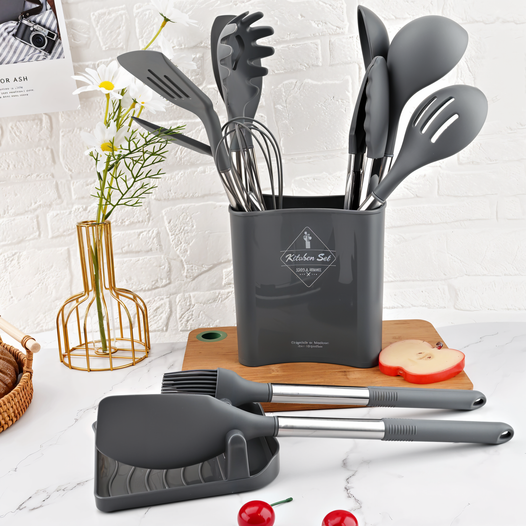 Black utensil set displayed beside the holder