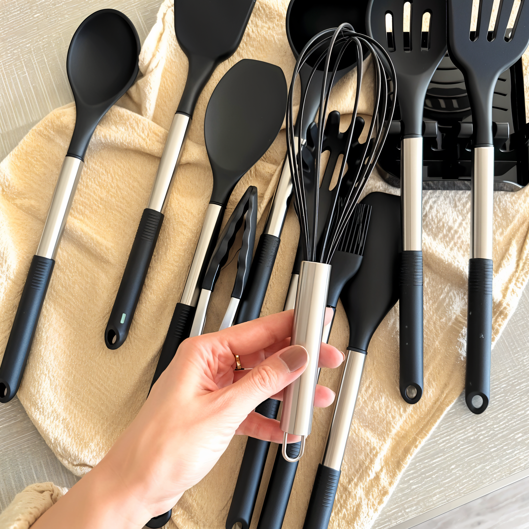 Black silicone utensils with stainless steel handles