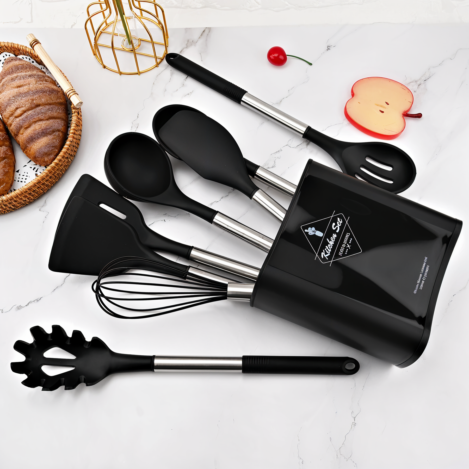 Black utensil set arranged beside its holder