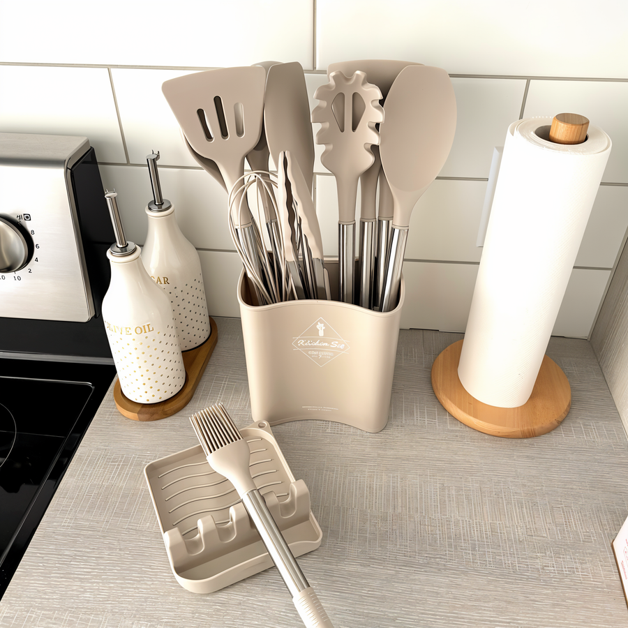 Beige silicone kitchen utensil set with countertop holder