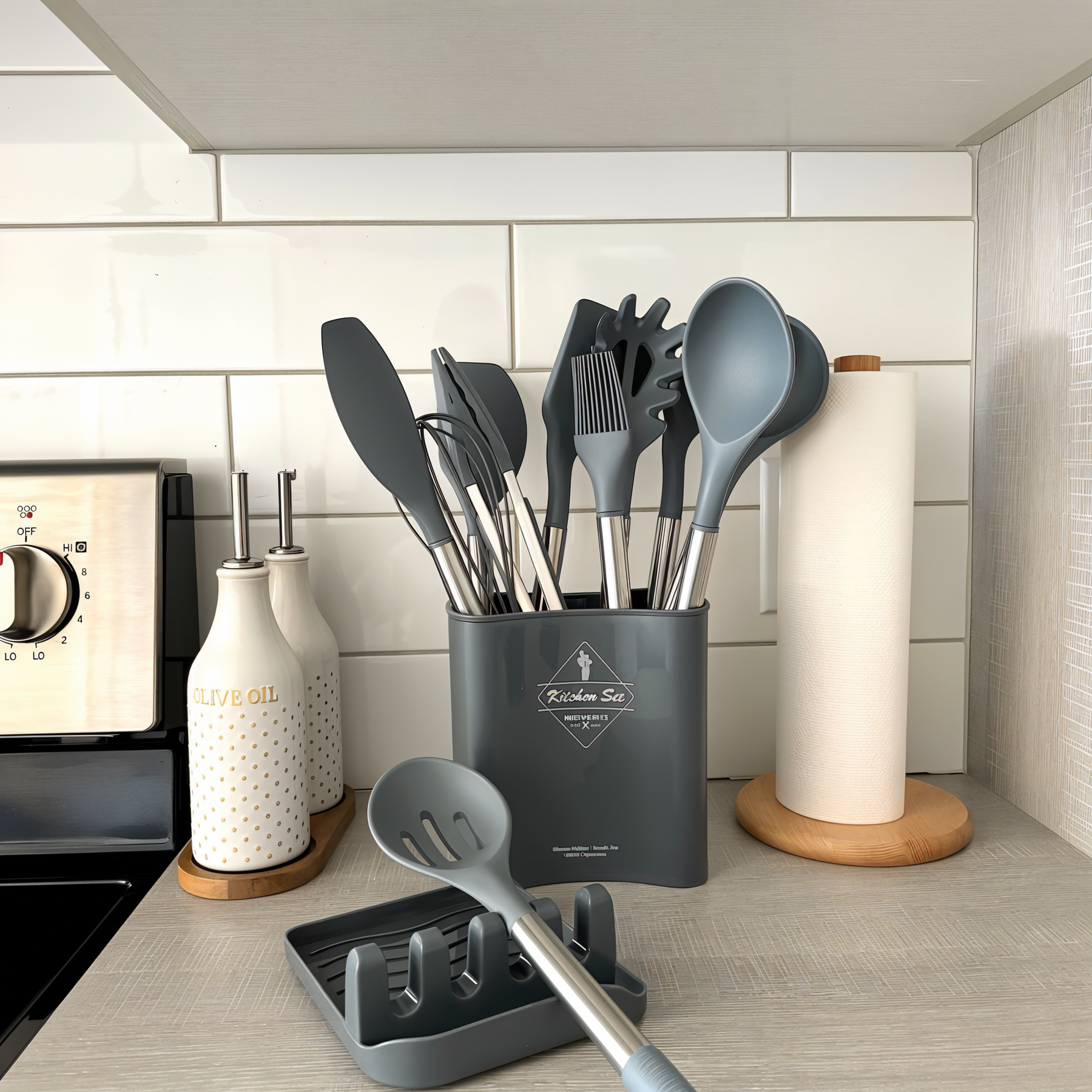 Gray silicone kitchen utensil set in a kitchen