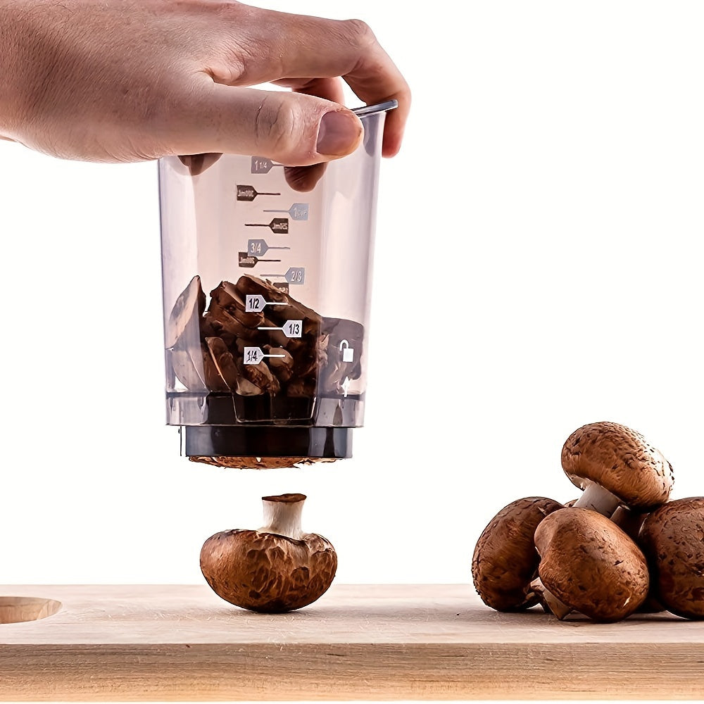 Manual food cutter chopping mushrooms over a counter