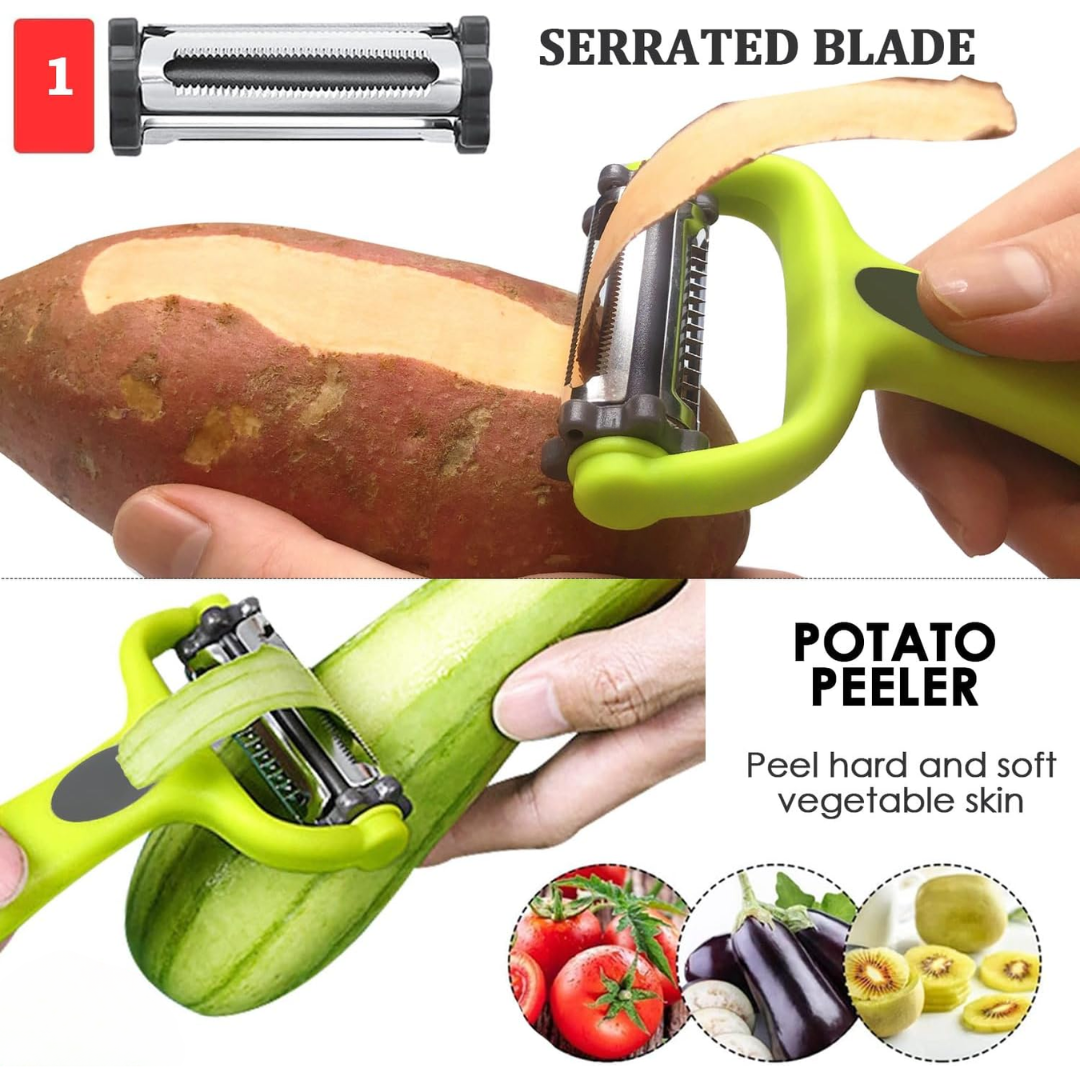 Peeler blades shown on carrot potato and cucumber