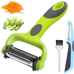 Green vegetable peeler with cleaning brush and small companion tool