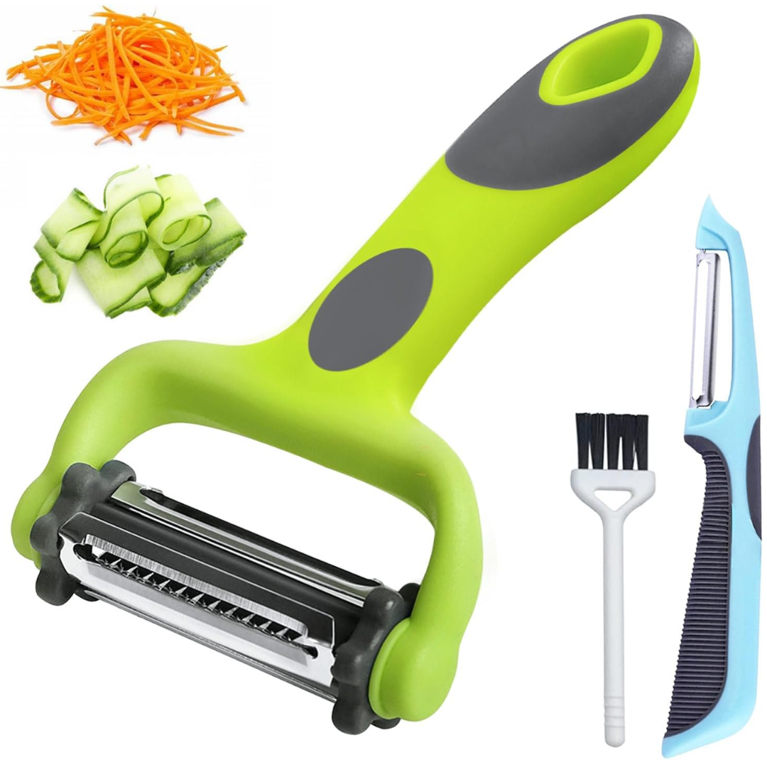 Green multi-function vegetable peeler with companion tools