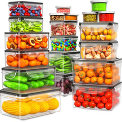 Twenty clear food storage containers shown with matching lids