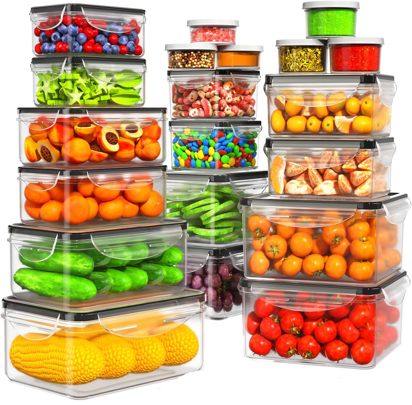 Twenty clear food storage containers shown with matching lids