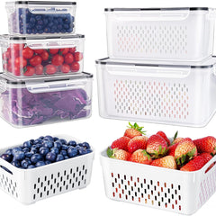 Five food storage containers with removable draining baskets