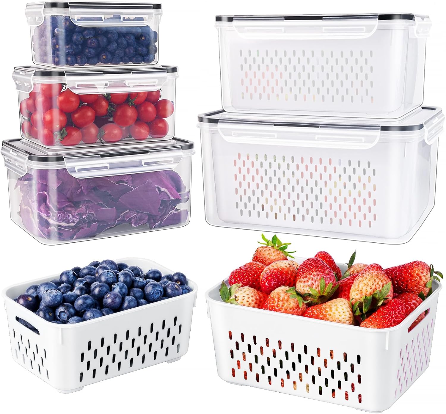 Five food storage containers with removable draining baskets