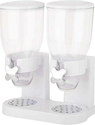 White dual cereal dispenser with two clear canisters