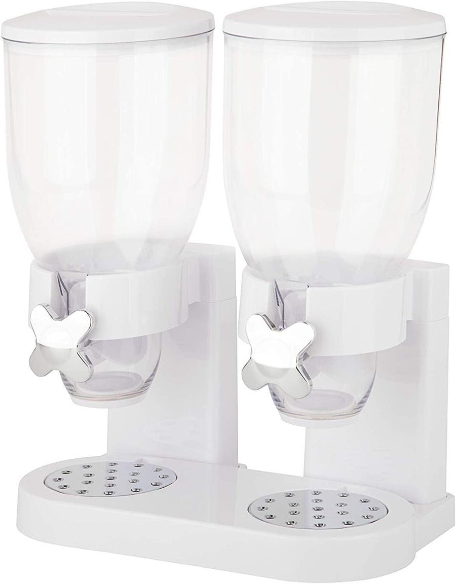White dual cereal dispenser with two clear canisters