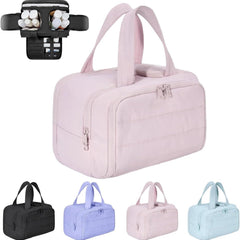 Pink four-compartment travel cosmetic bag