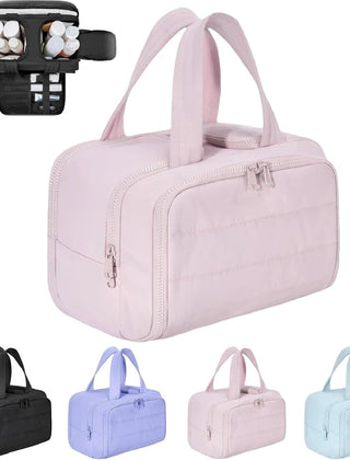 Pink four-compartment travel cosmetic bag