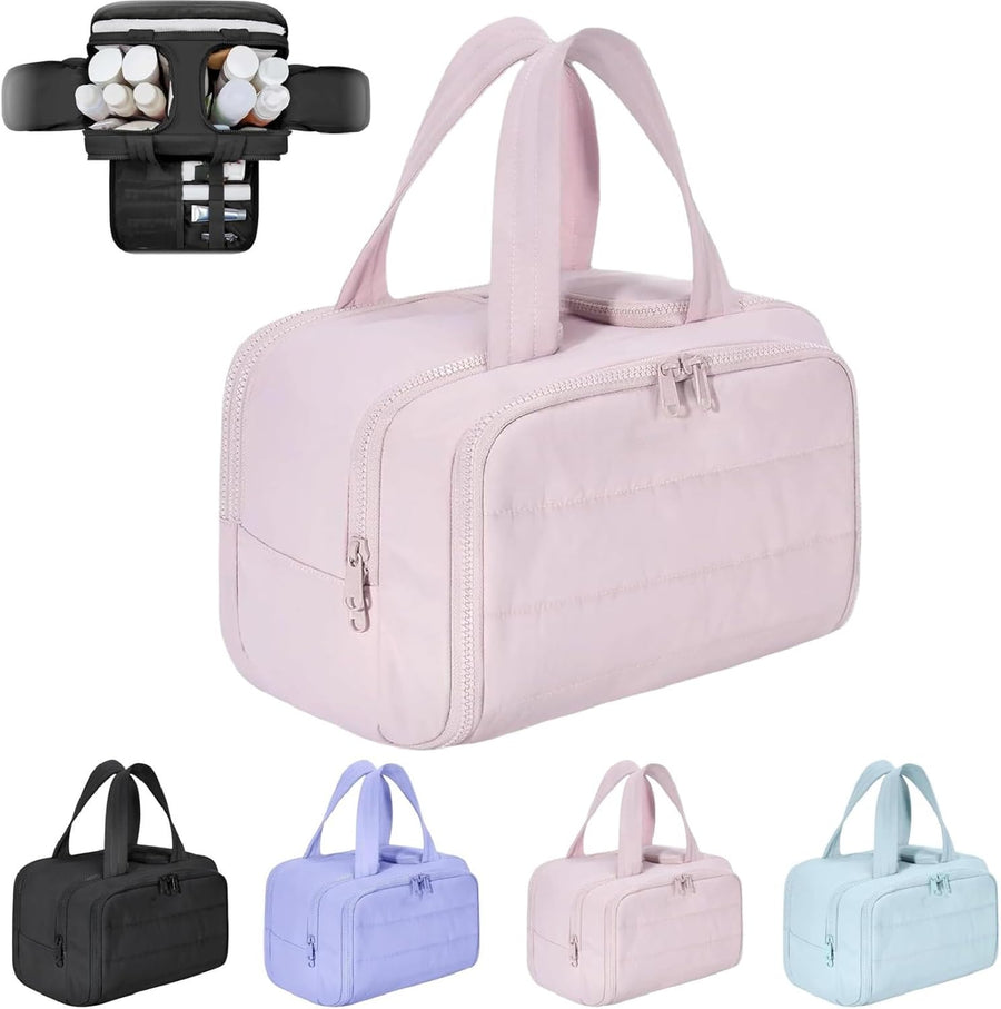Pink four-compartment travel cosmetic bag