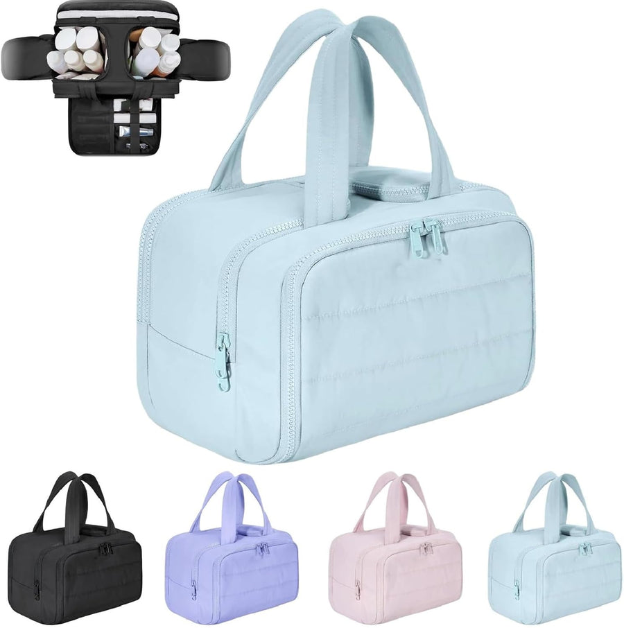 Blue four-compartment travel cosmetic bag