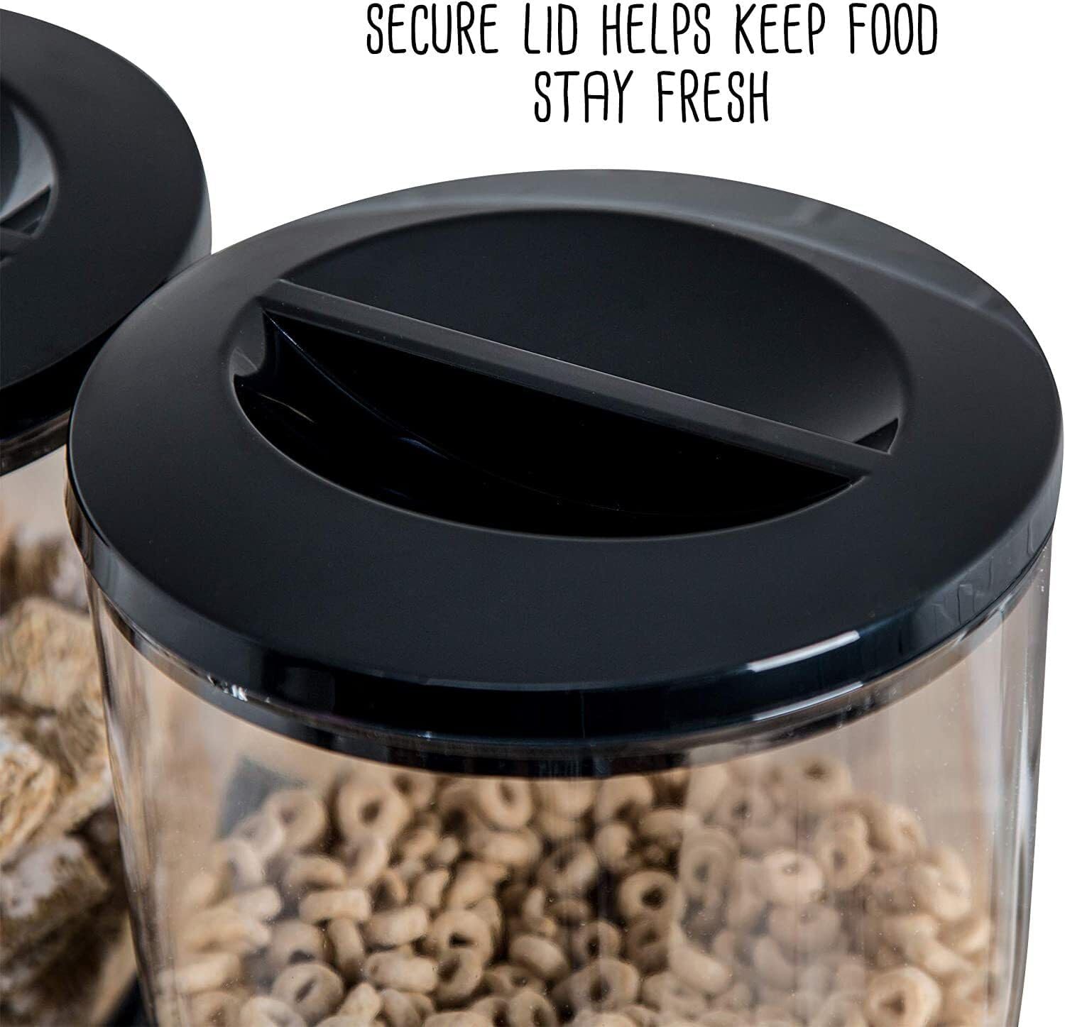 Secure lid on a Black cereal dispenser canister