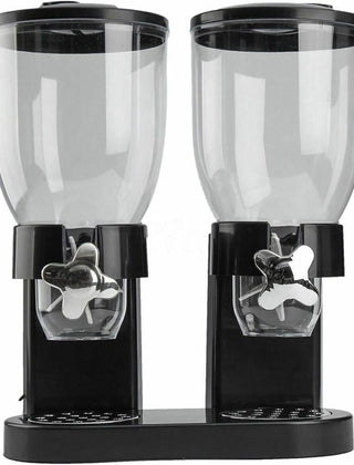 Black dual cereal dispenser with clear canisters