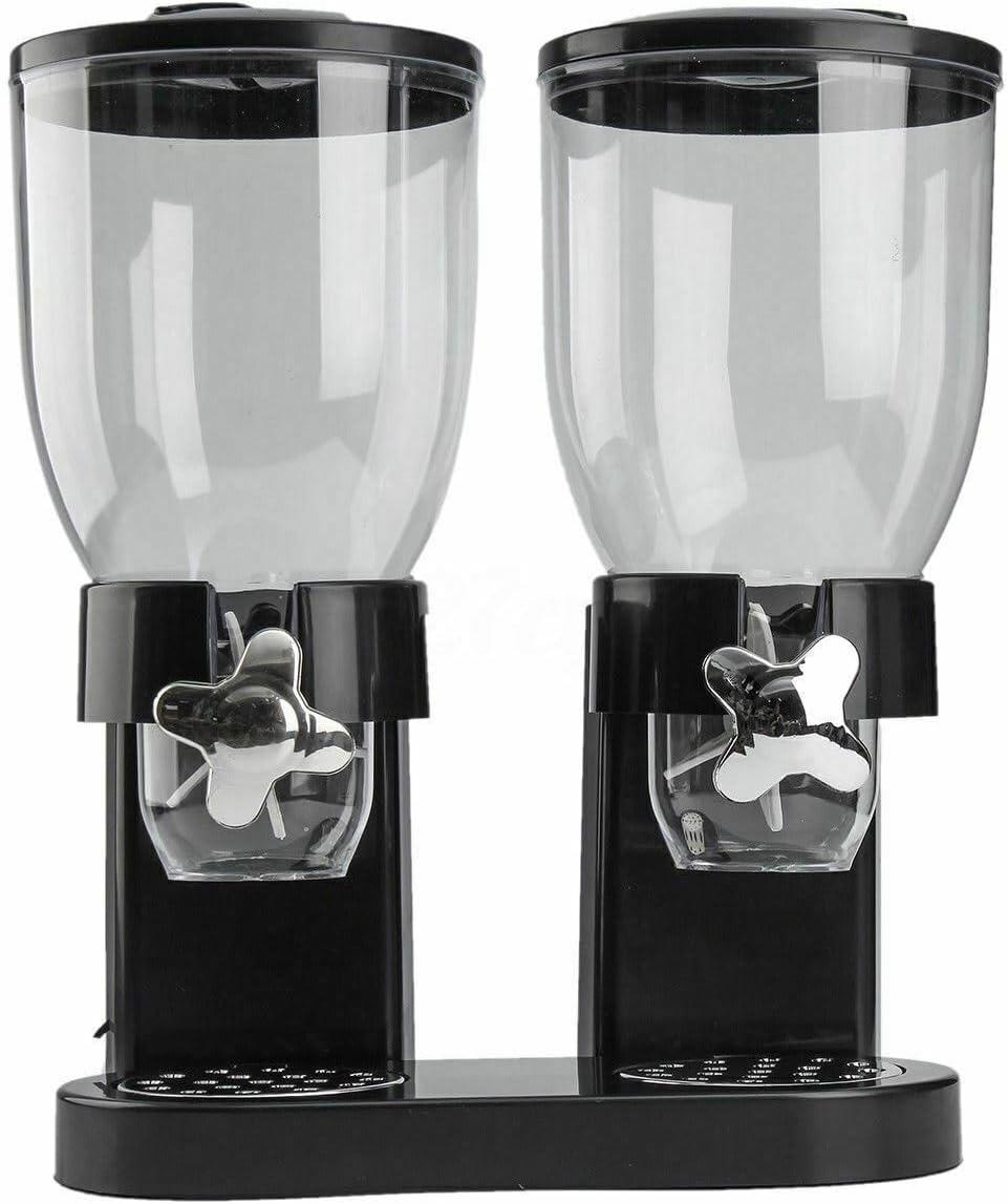 Black dual cereal dispenser with clear canisters