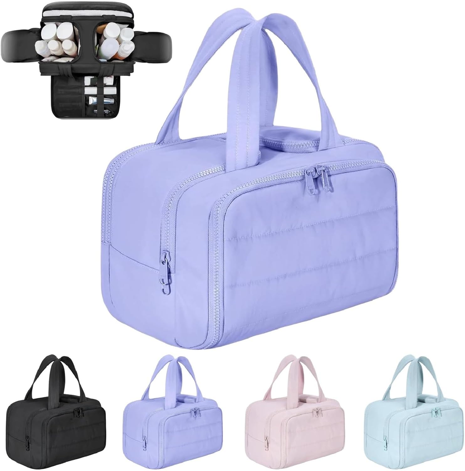 Purple four-compartment travel cosmetic bag