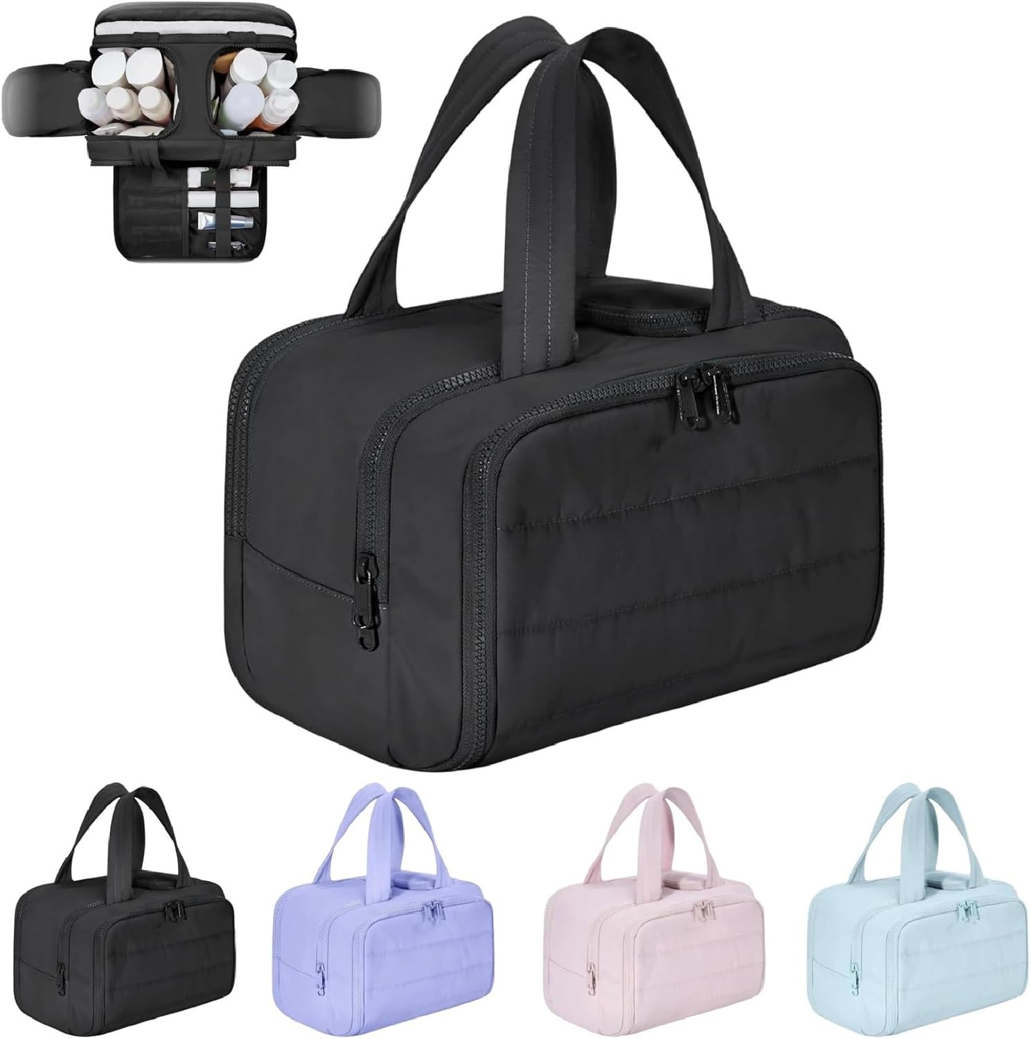 Black four-compartment travel cosmetic bag