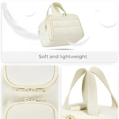 Dual zippers and top grab handles on the cosmetic bag