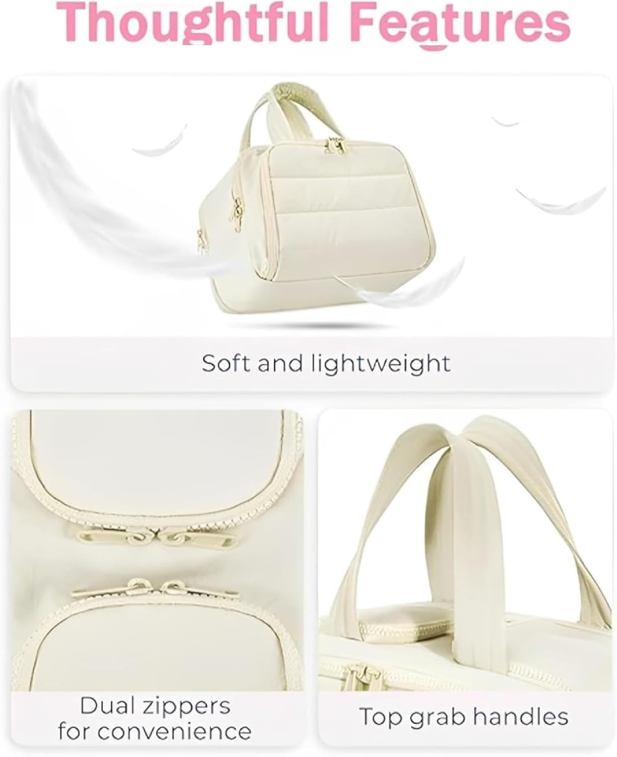 Dual zippers and top grab handles on the cosmetic bag