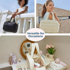 Travel cosmetic bags carried and used on a vanity