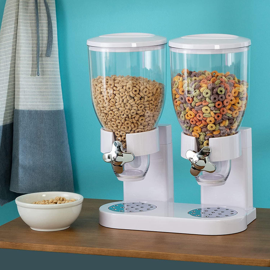 White dual cereal dispenser filled with two cereals