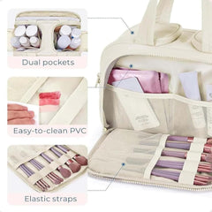 Interior pockets, elastic holders, and PVC-lined section