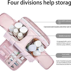 Four storage sections shown with cosmetics and toiletries
