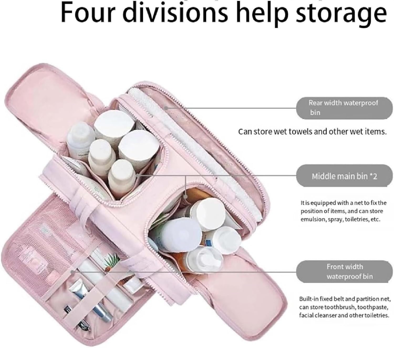 Four storage sections shown with cosmetics and toiletries