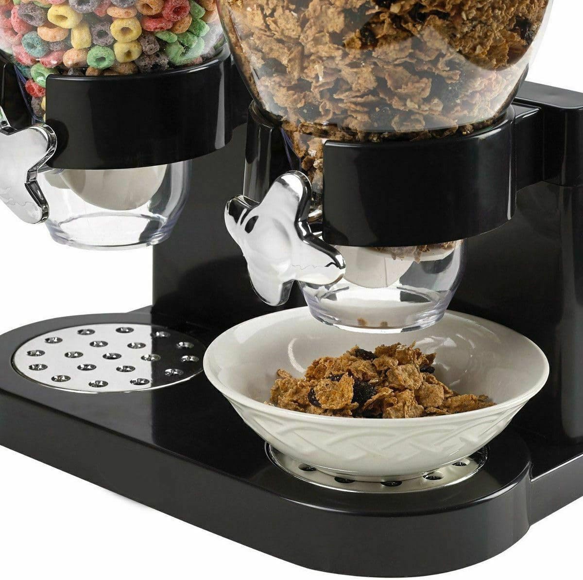 Black dual cereal dispenser serving cereal into a bowl