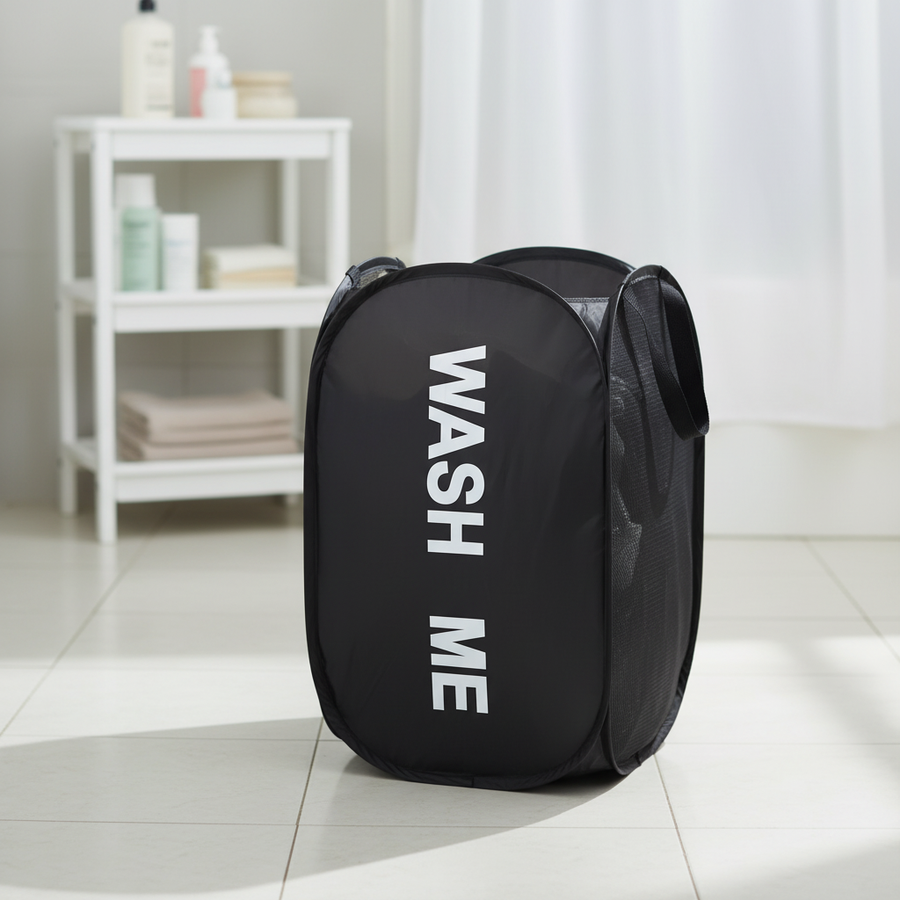 Black collapsible mesh laundry basket
