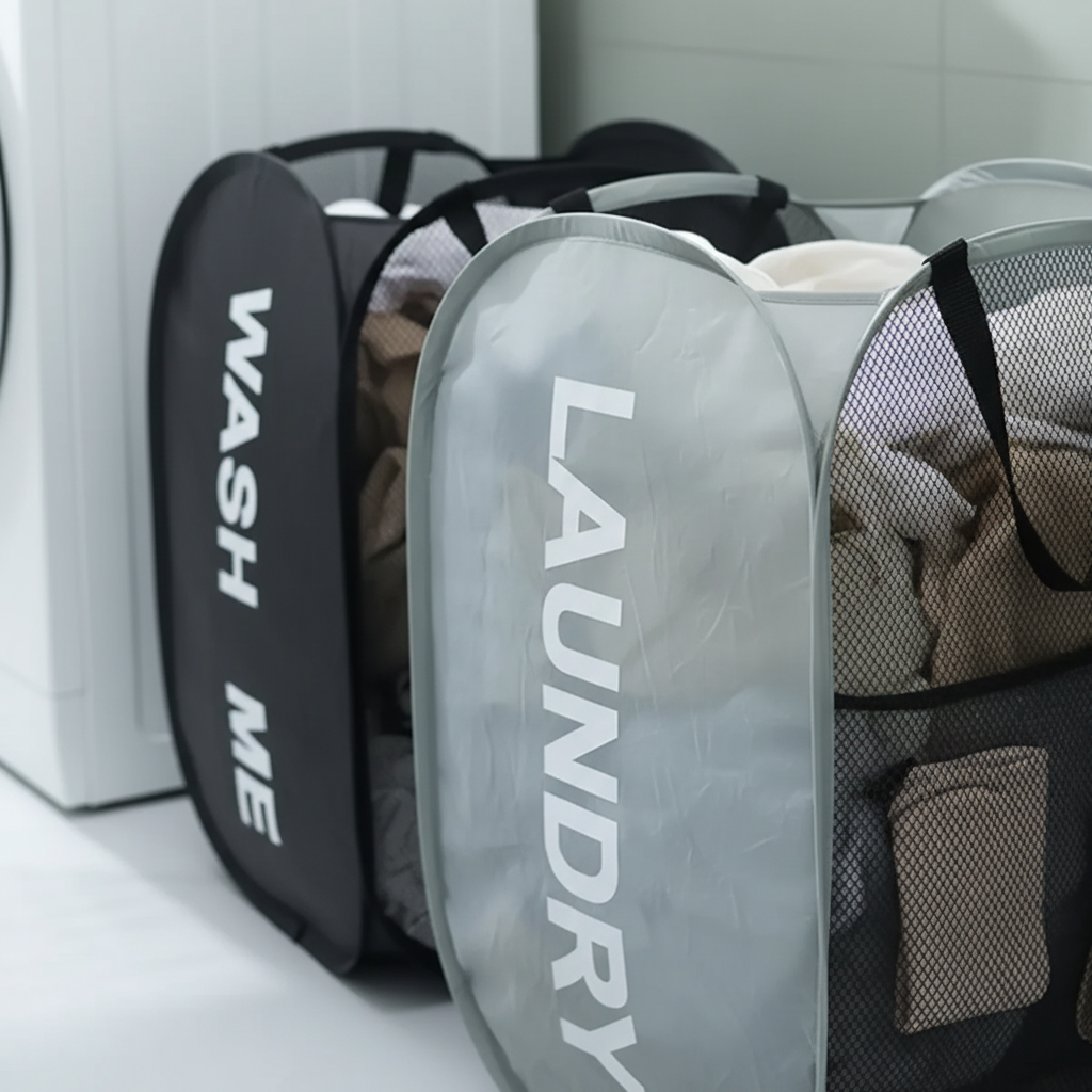 Black and Gray collapsible mesh laundry baskets