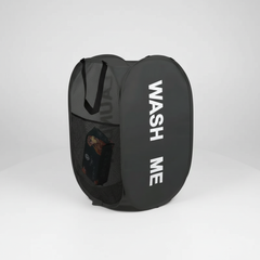 Black mesh laundry basket with side pocket