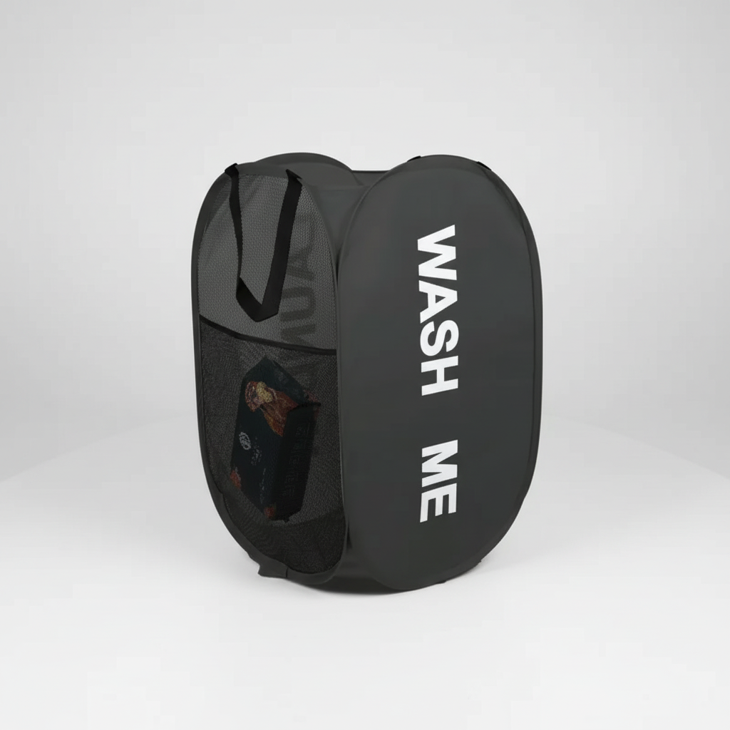 Black mesh laundry basket with side pocket