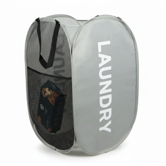 Gray mesh laundry basket with side pocket