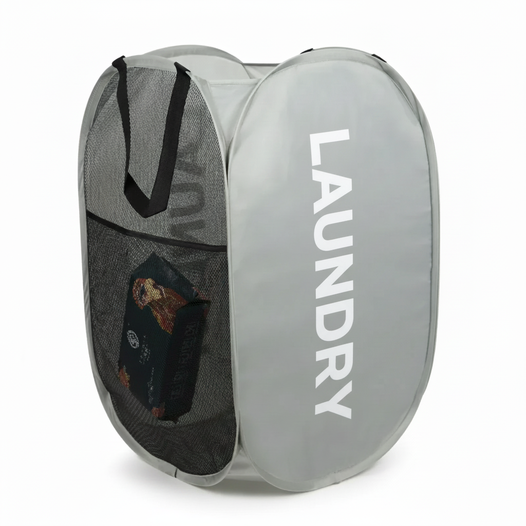 Gray mesh laundry basket with side pocket