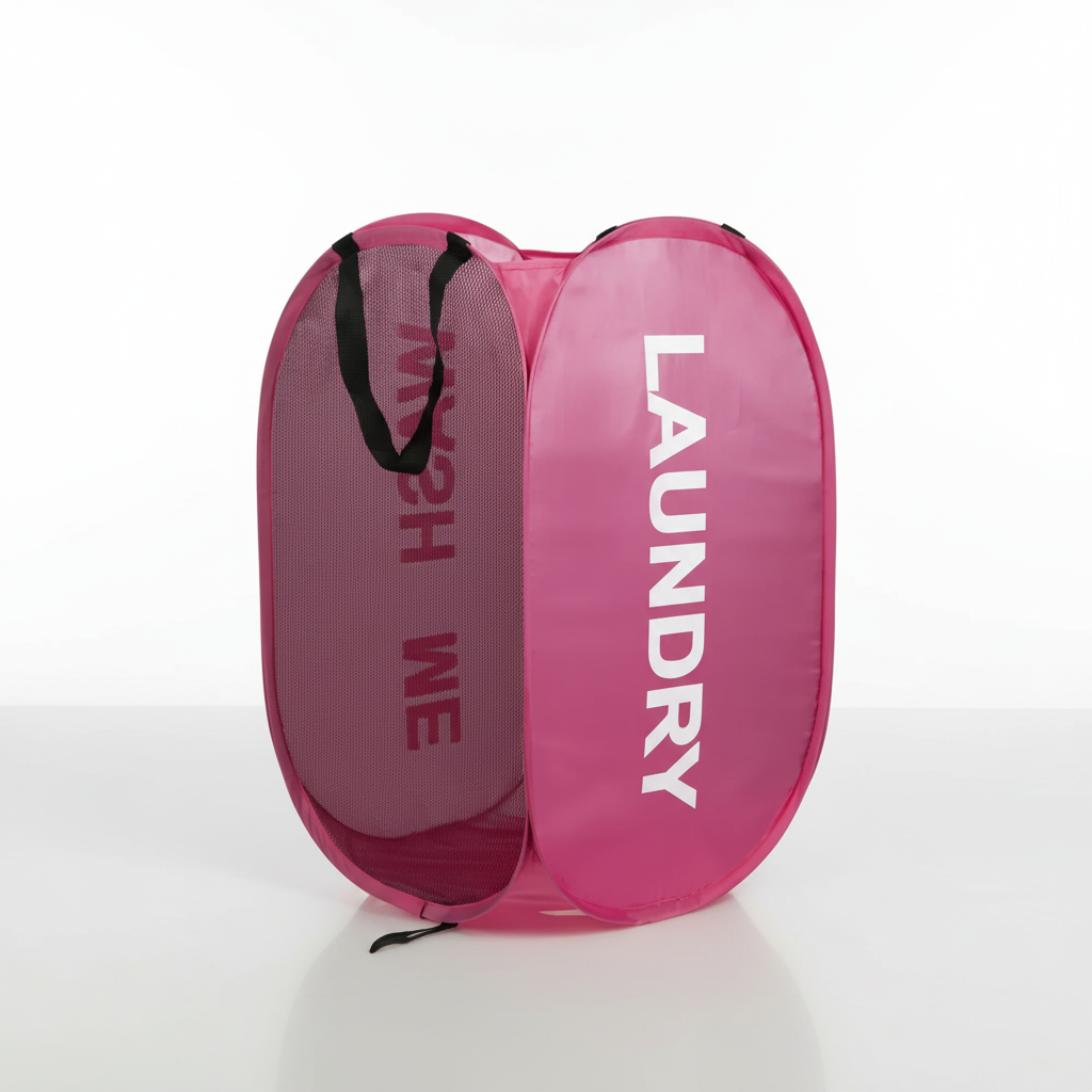 Pink mesh laundry basket