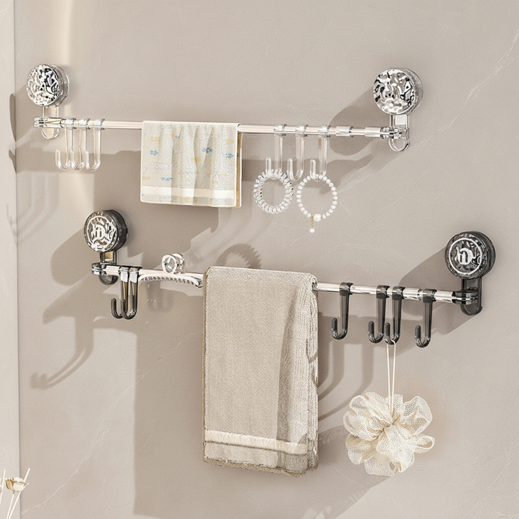 Clear and Gray retractable suction-mount wall hook racks