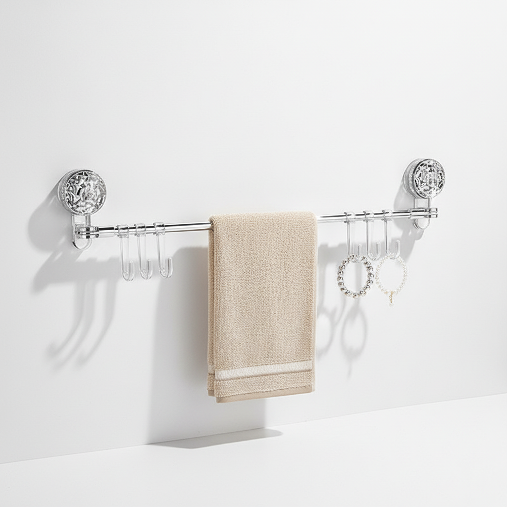 Clear retractable wall hook rack holding a towel