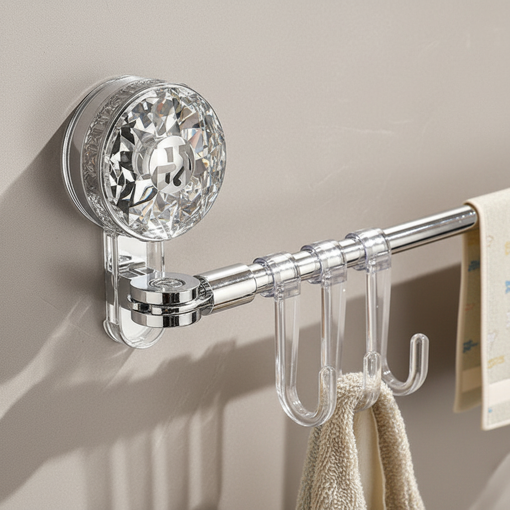Close view of a suction mount and integrated hooks
